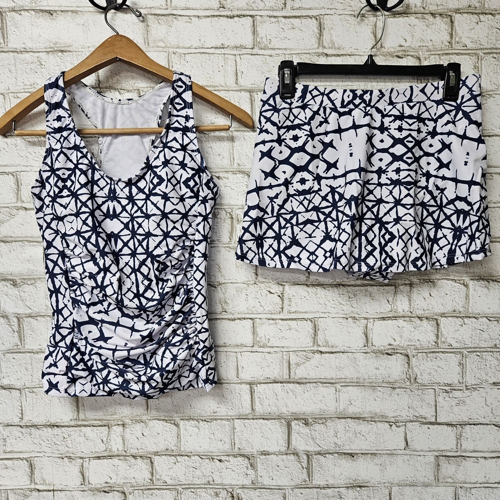 Women's 2 Piece Swimsuit Racerback Top Skirt Bottom White/Navy Size M